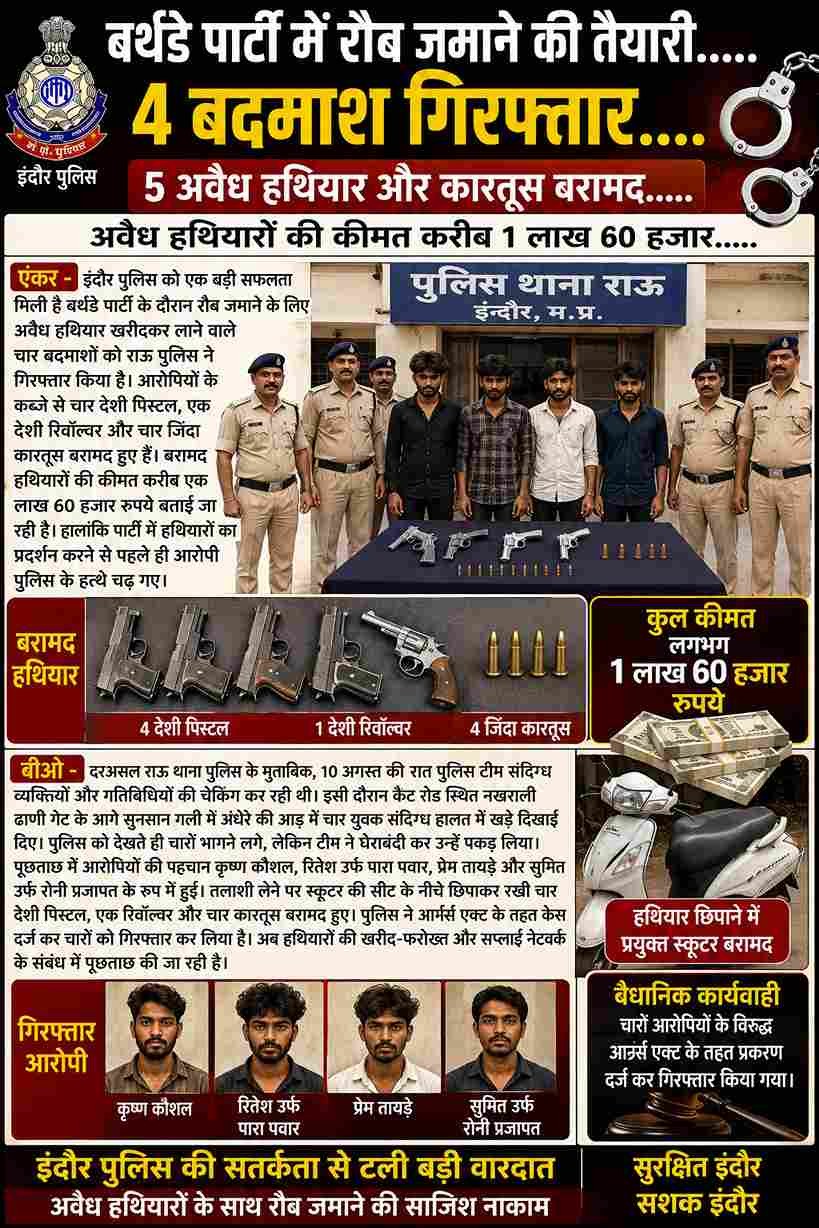 इंदौर में बर्थडे पार्टी से पहले 4 बदमाश गिरफ्तार, हथियार बरामद