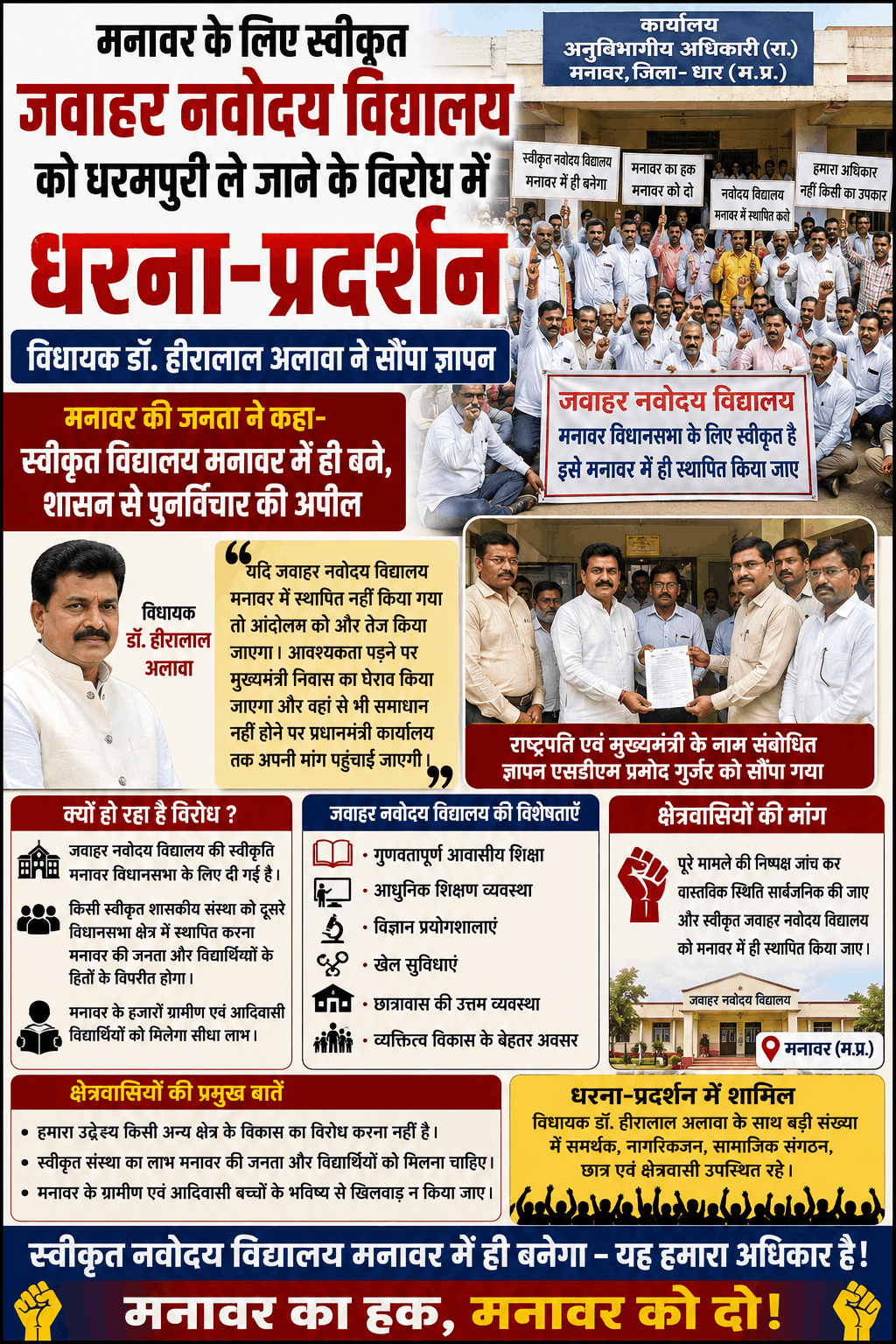 जवाहर नवोदय विद्यालय को लेकर मनावर में धरना-प्रदर्शन