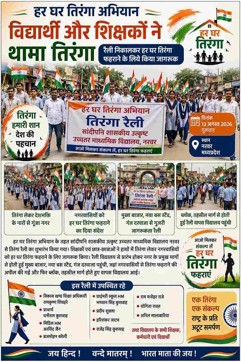 नरवर में विद्यार्थियों-शिक्षकों ने निकाली तिरंगा रैली, हर घर तिरंगा का दिया संदेश