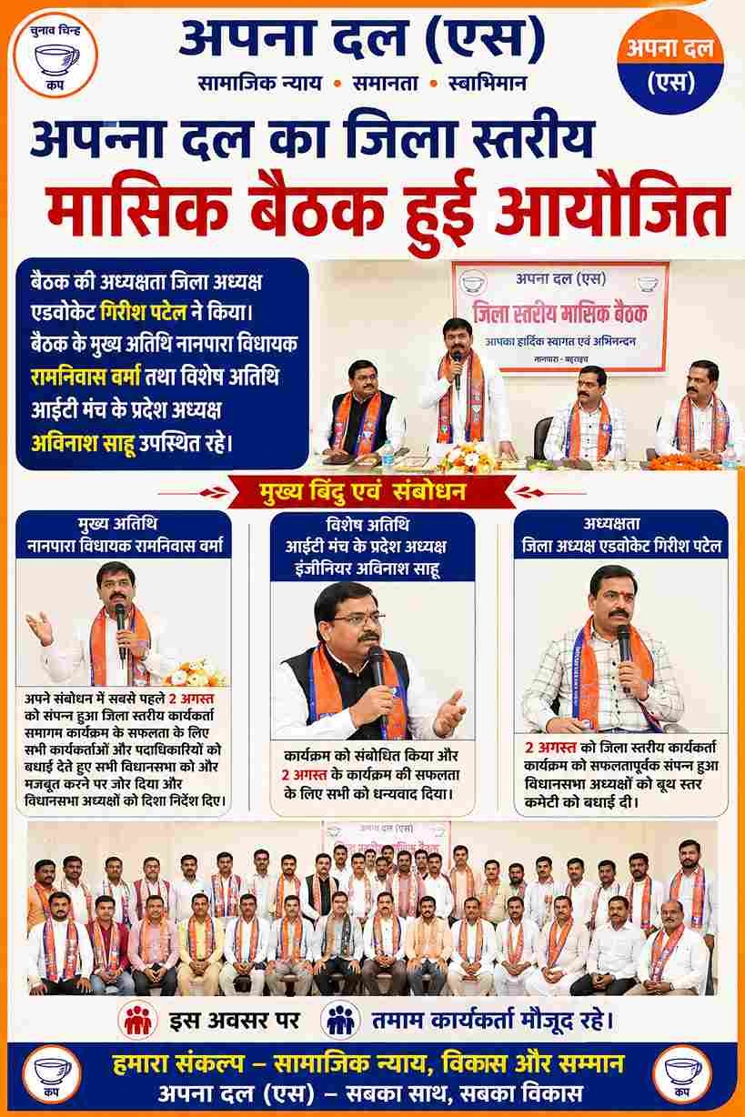 बहराइच में अपना दल की मासिक बैठक, संगठन मजबूती और बूथ स्तर पर जोर