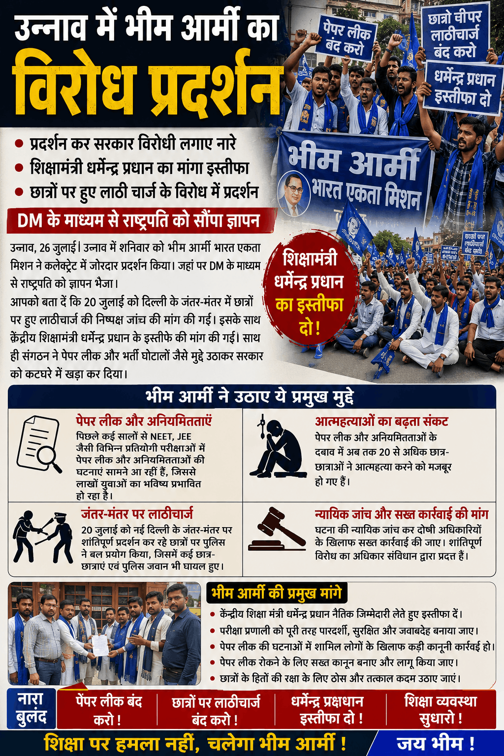 उन्नाव में भीम आर्मी का प्रदर्शन, शिक्षा मंत्री के इस्तीफे की मांग