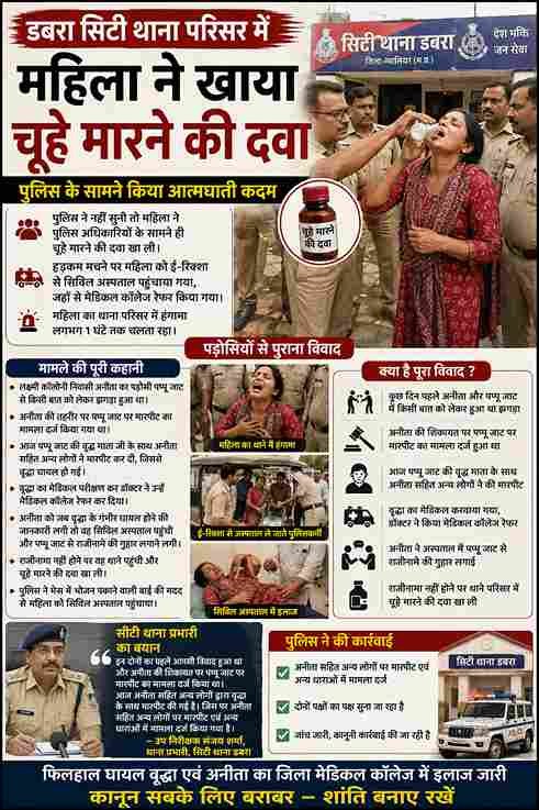 "डबरा थाने में महिला ने खाई चूहे मारने की दवा, पड़ोसी विवाद ने लिया नाटकीय मोड़"