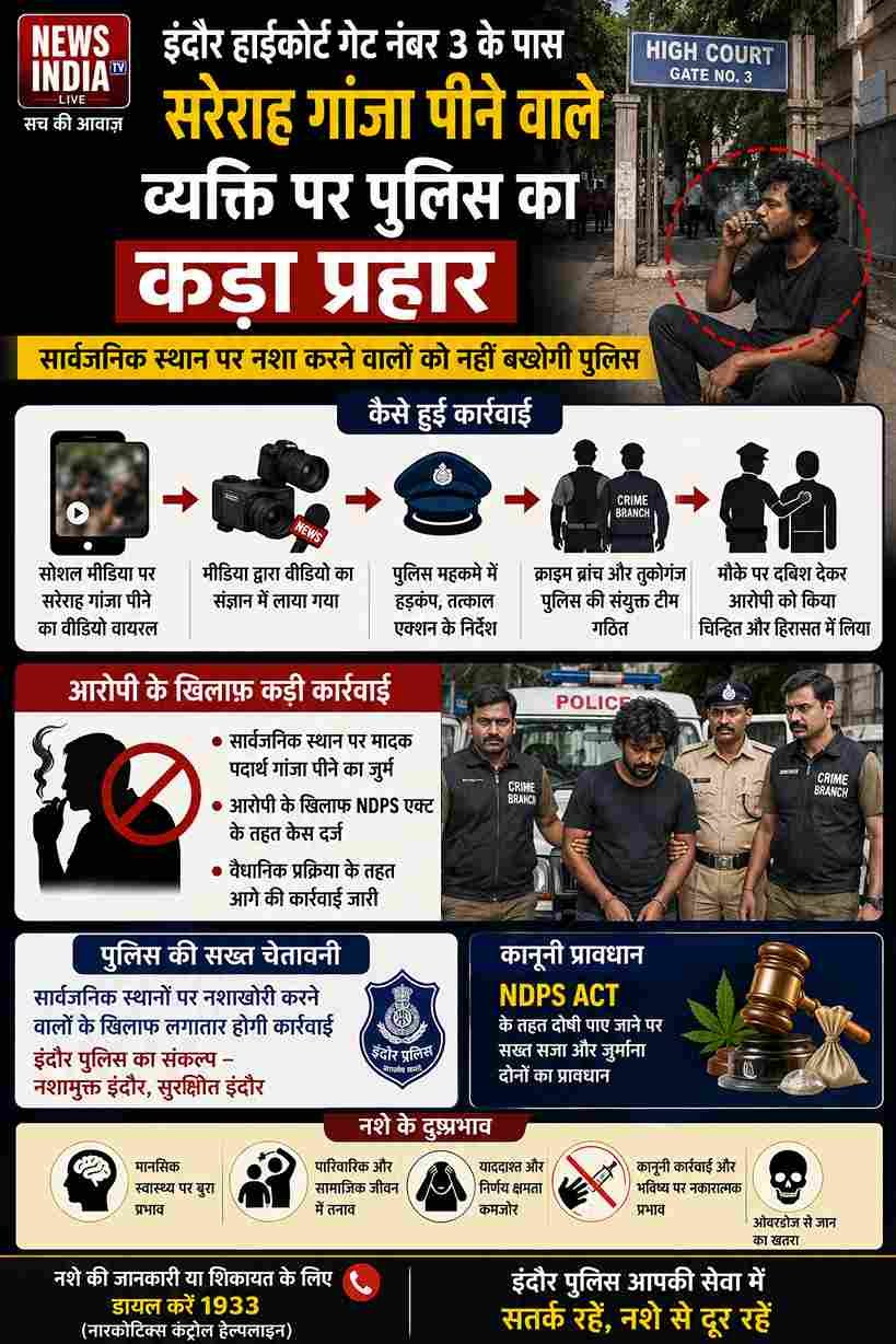 इंदौर हाईकोर्ट गेट के पास गांजा पीते आरोपी पर कार्रवाई