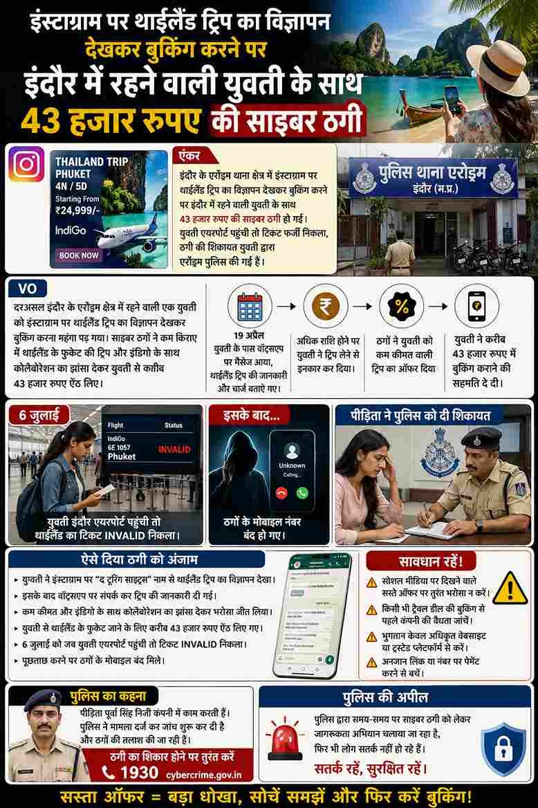 इंस्टाग्राम पर थाईलैंड ट्रिप का झांसा, युवती से ₹43 हजार की साइबर ठगी
